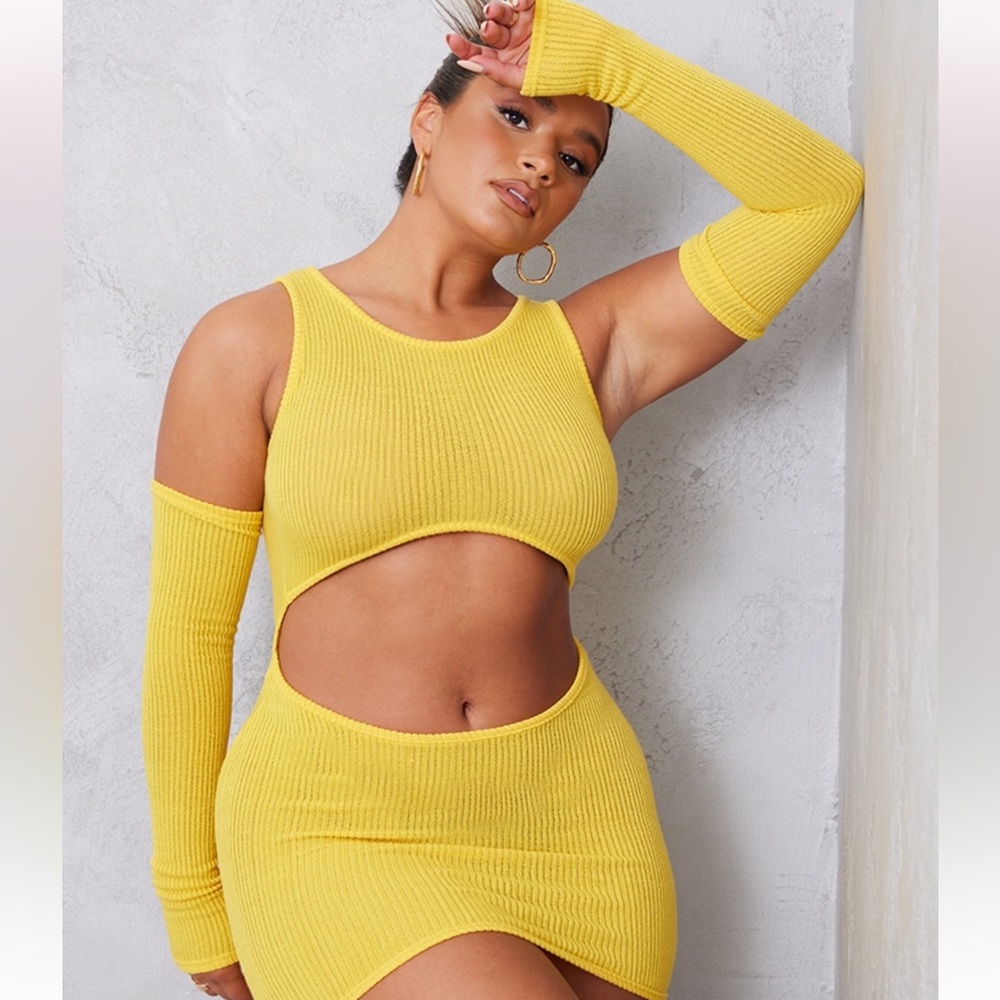 Shape Yellow Sheer Rib Cut Out Bardot Bodycon